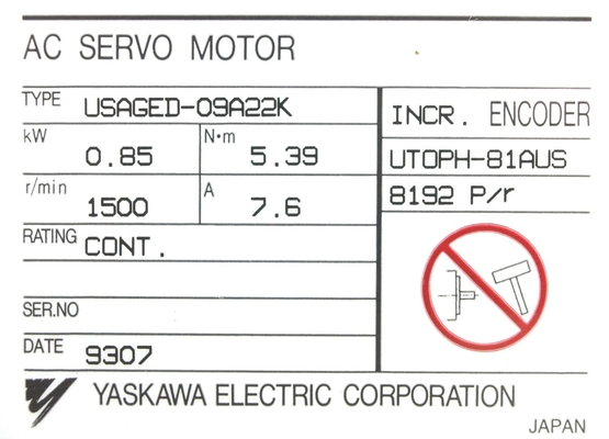 YASKAWA USAGED-09A22K AC SERVO MOTOR WITH INCREMENTAL ENCODER 8192 PPR 0.85 KW